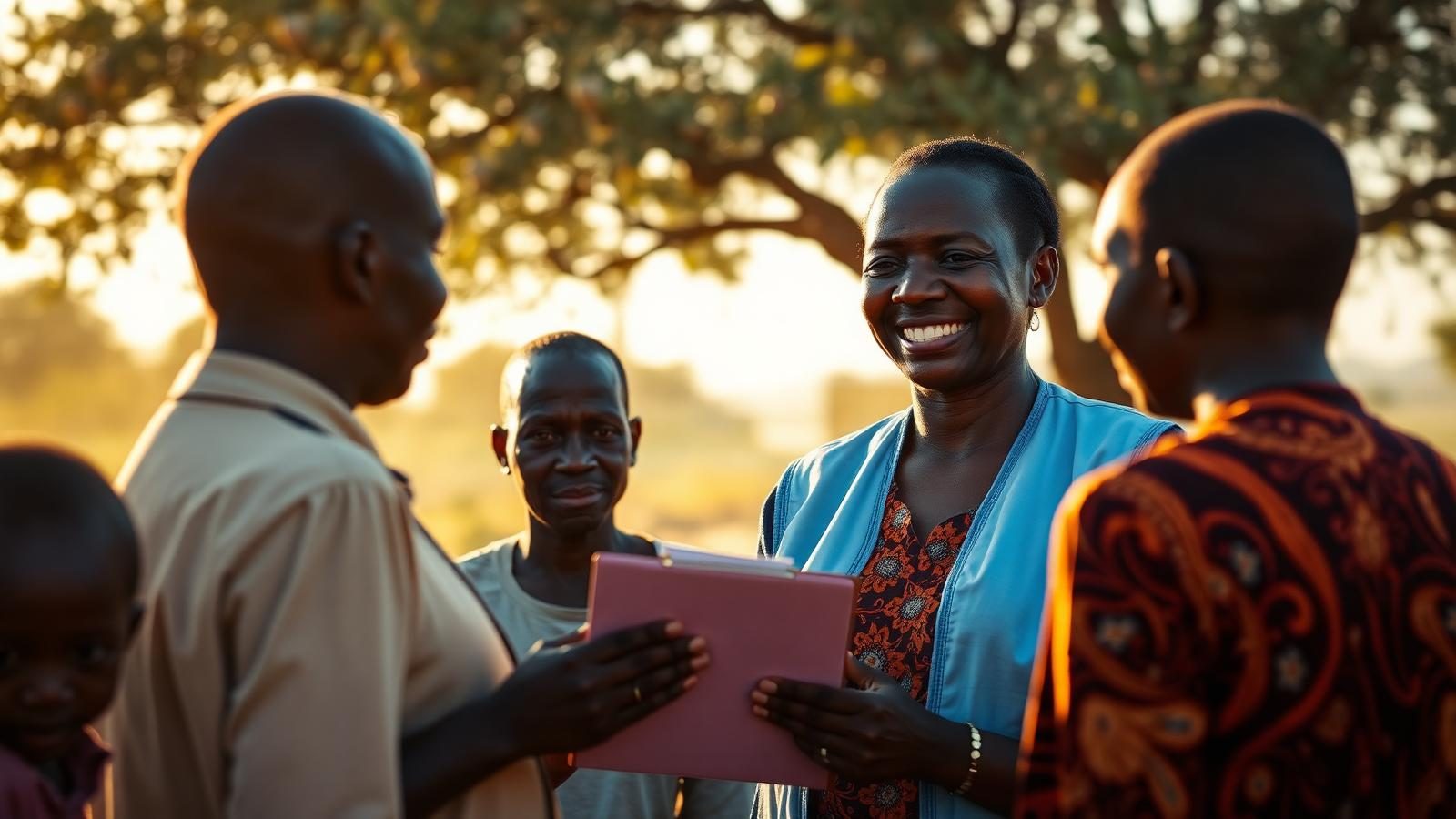 NGO field workers collaborating with community members at golden hour
